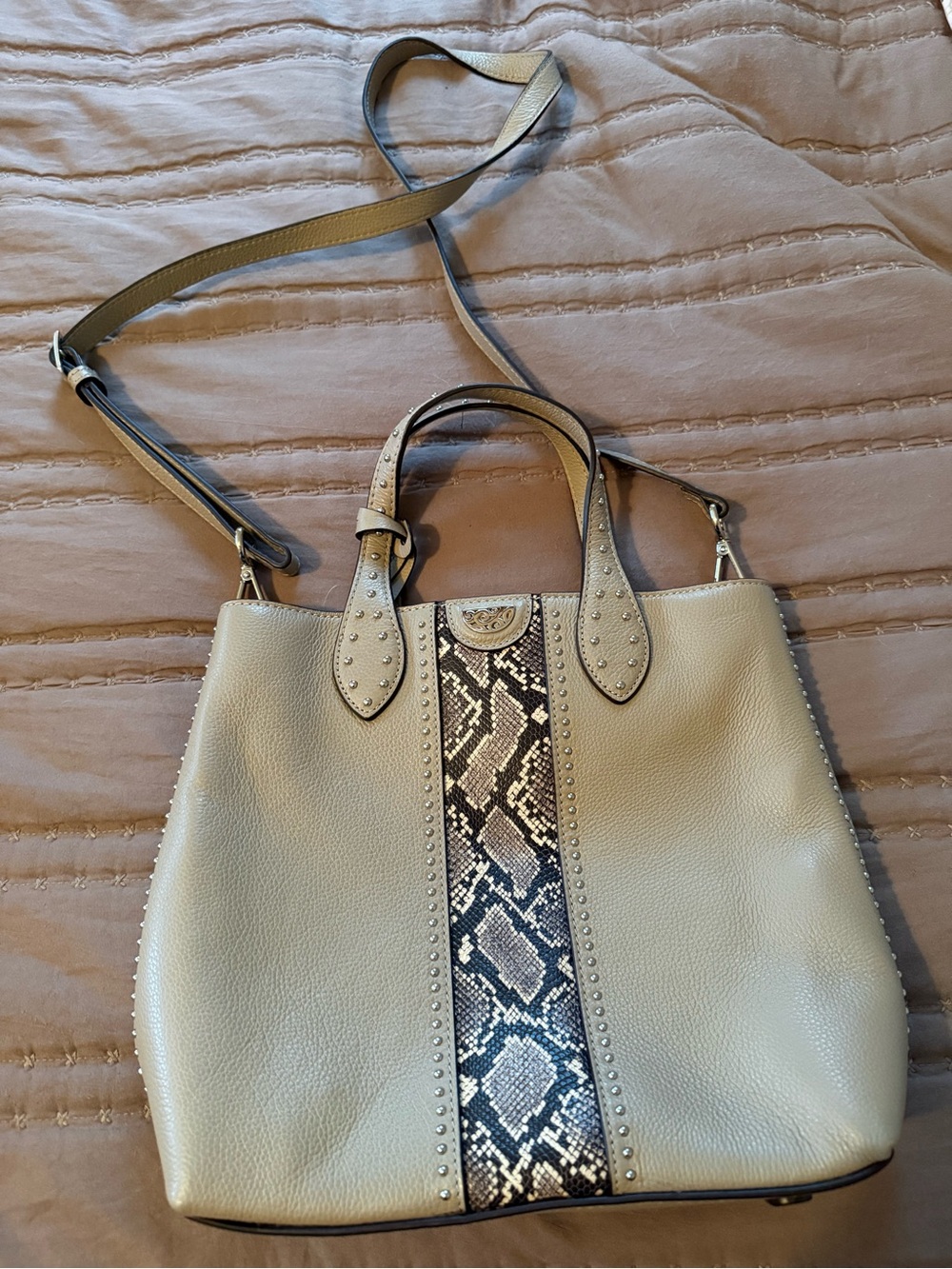 Brighton Taupe Tote with Snake-Print Center Panel